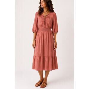 BOHME Rose Pink Embroidered Boho Midi Dress Cottagecore Prairie Romantic | Large
